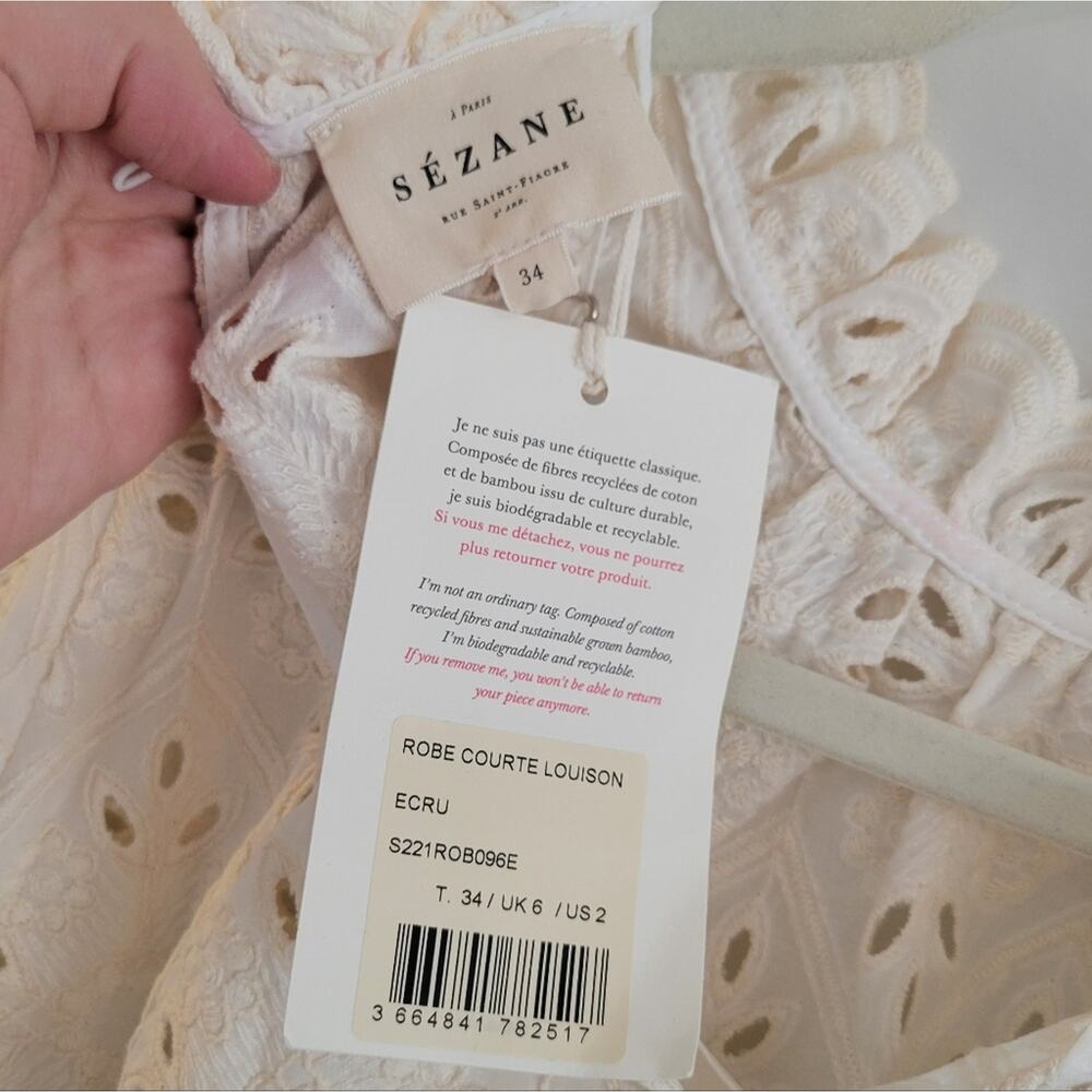 Sezane Cream White Floral Mini Louison Eyelet Embroidered Dress in Ecru Size 34 - Picture 11 of 16